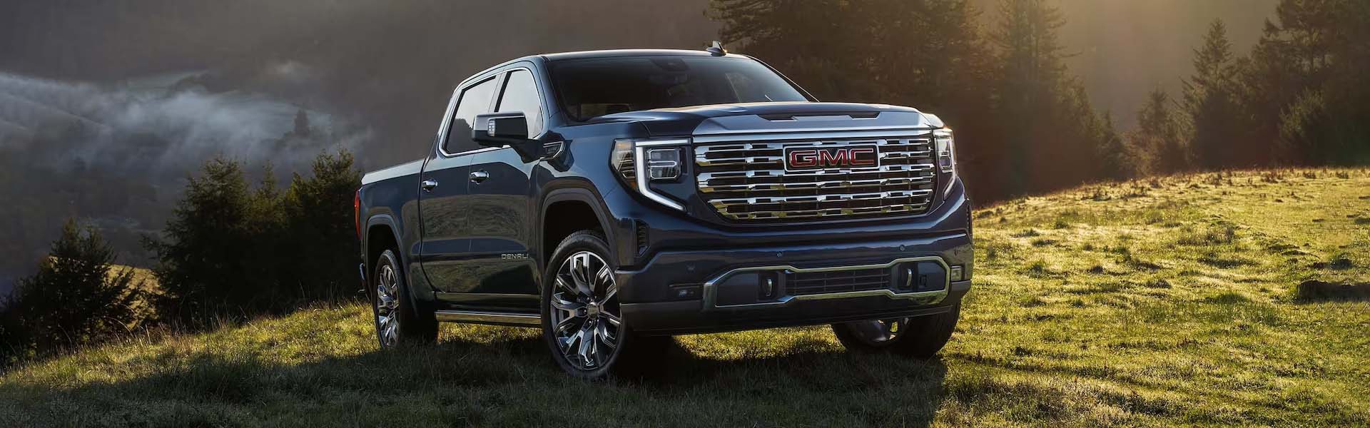 GMC Sierra 1500 parked on a mountain, surrounded by trees in the backdrop.